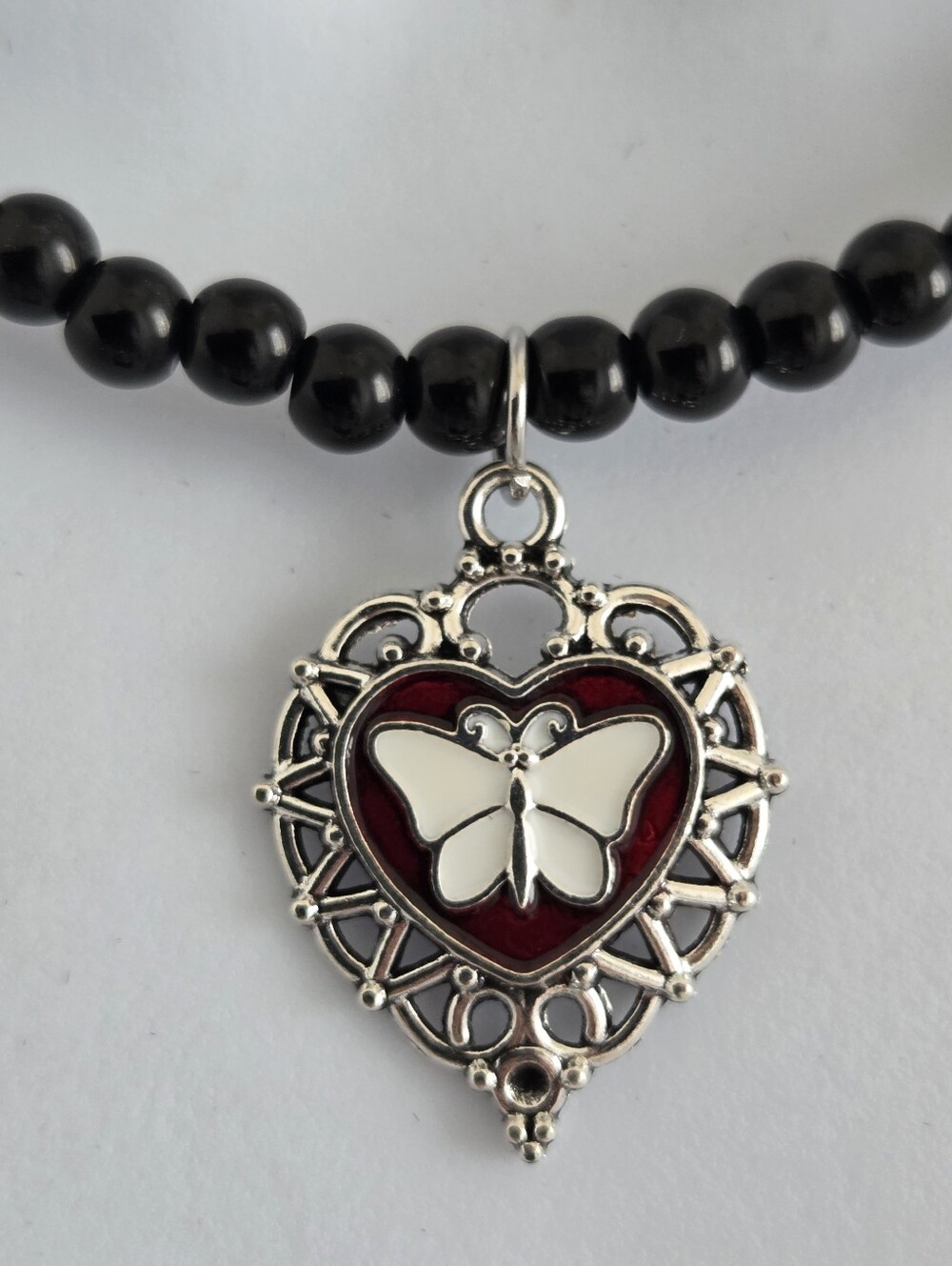 Heart Butterfly Pendant Necklace in Red and White